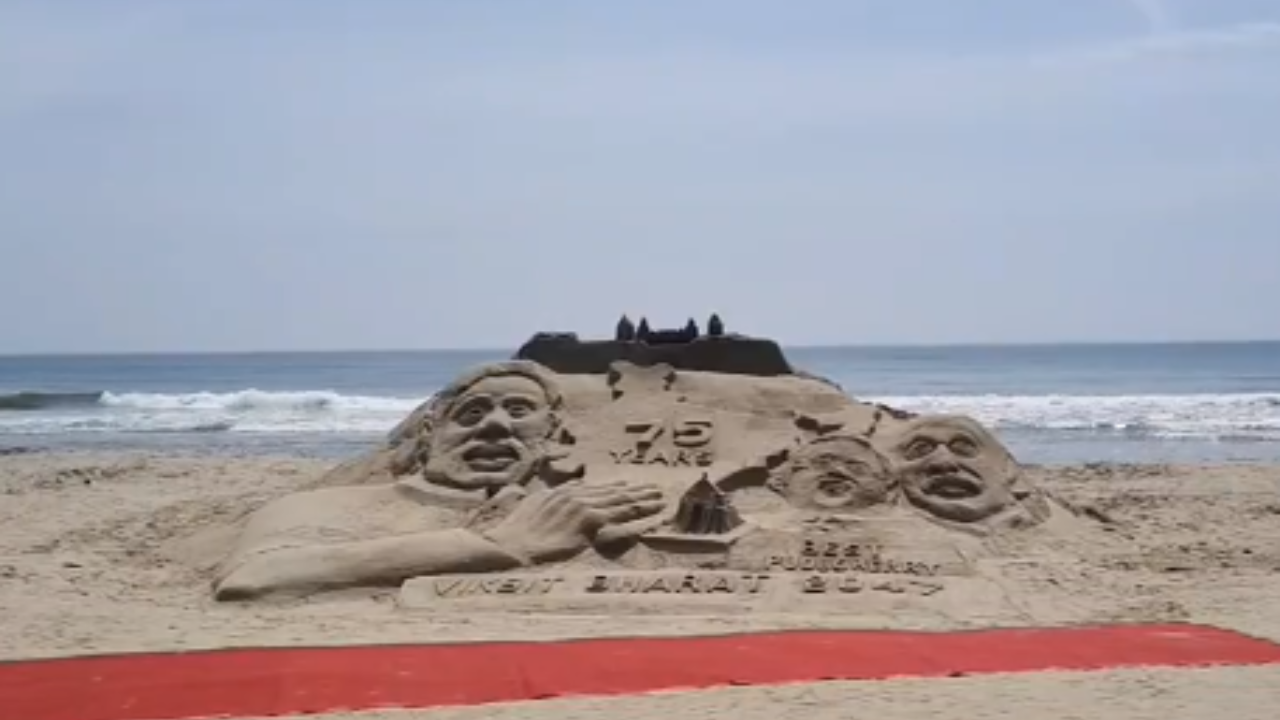 Students of Bharathiar University in Puducherry have created a sand sculpture of Prime Minister Narendra Modi