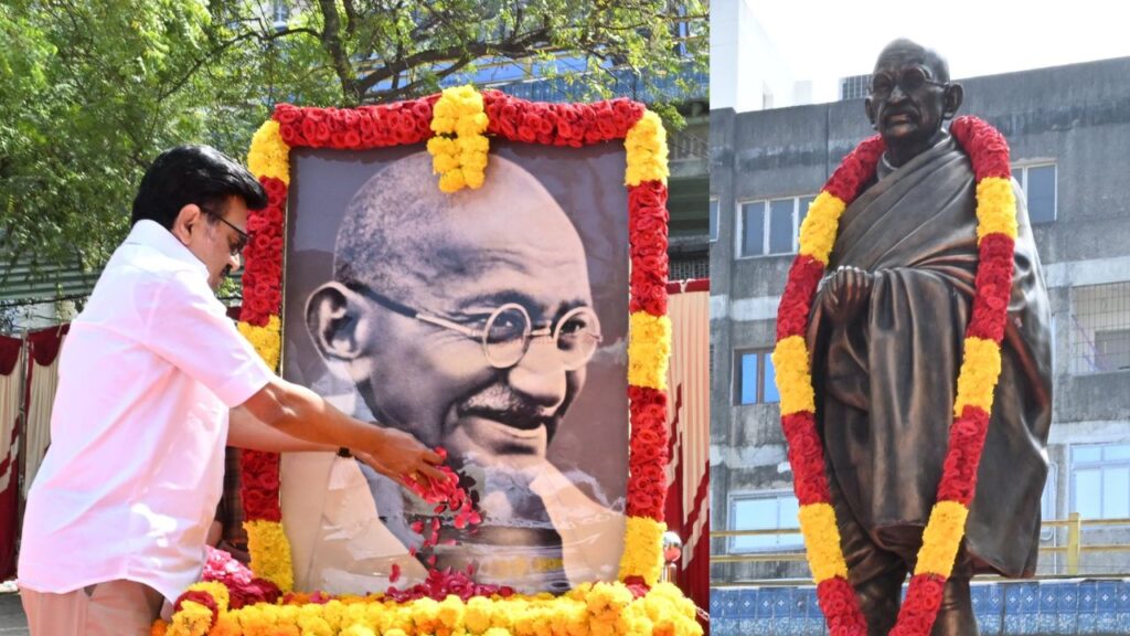 Tamil Nadu Chief Minister M K Stalin pays tribute to Mahatma Gandhi