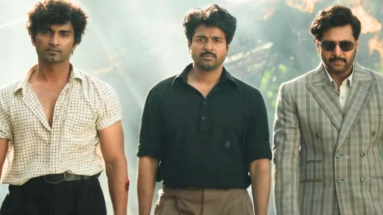 பராசக்தி திரைப்படத்தில் அதர்வா, சிவகார்த்திகேயன், ரவி மோகன் 
