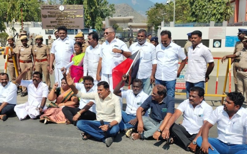 DMK members protest in front of ISRO office in Mahendigiri