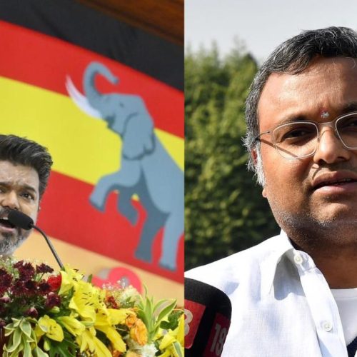 த.வெ.க தலைவர் விஜய், காங்கிரஸ் எம்.பி கார்த்தி ப. சிதம்பரம்
