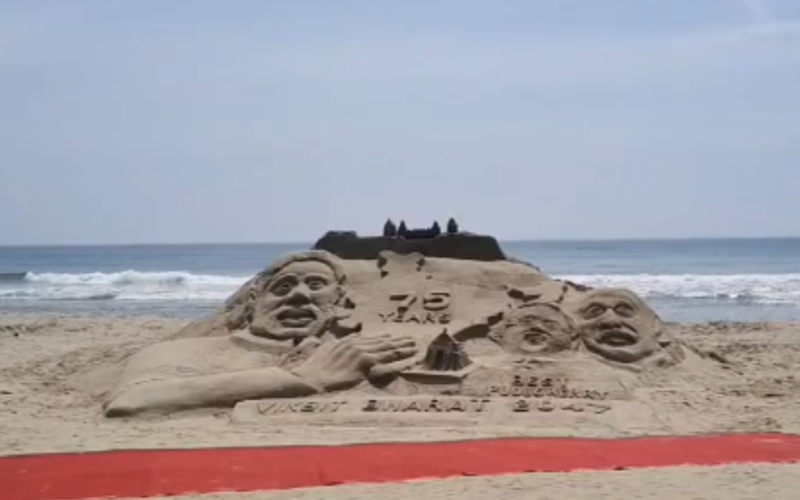 Students of Bharathiar University in Puducherry have created a sand sculpture of Prime Minister Narendra Modi