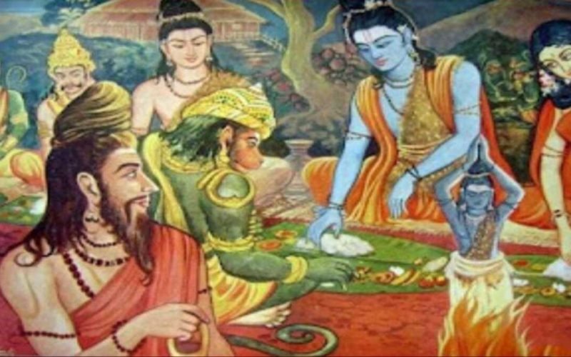 Shri Rama and Hanuman who ate on a single leaf in the house of Bharadwaja Munivar