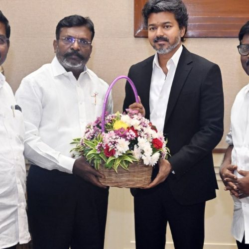 முதலமைச்சர் விஜய்யுடன், வி.சி.க தலைவர் தொல். திருமாவளவன்
